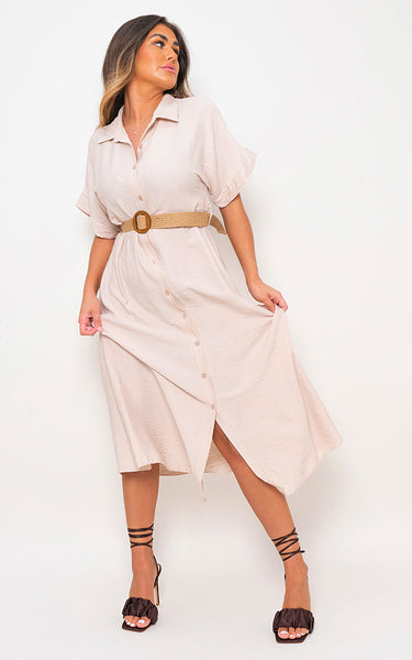 Button Down Collared Short Sleeve Midi Dress with Belt Detail