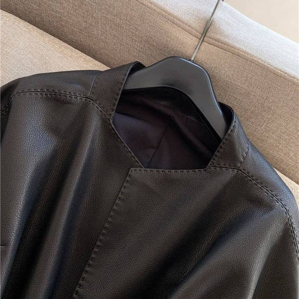 Black Chic Belted Faux Buttonless Leather Kimono Jacket