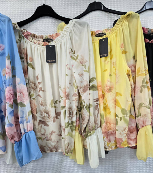 Bardot Floral Panel Cuff blouse