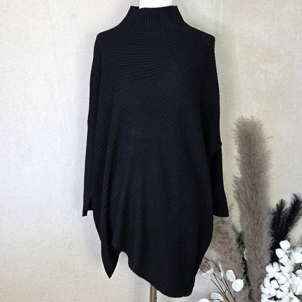 Roomy hi-lo asymmetric pattern fine knit jumper