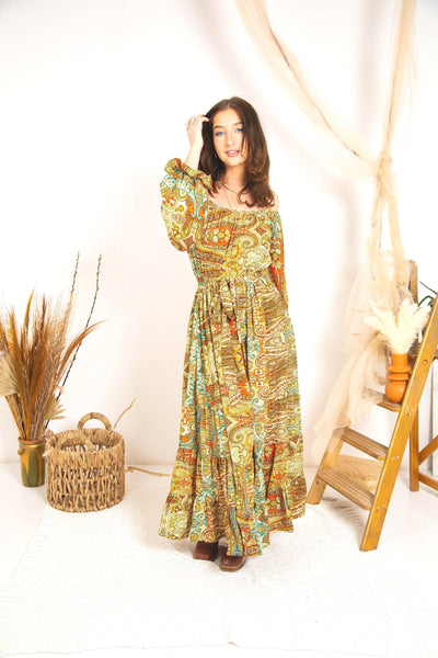 Rustic Print Boho Maxi Dress | Tiered Long Sleeve