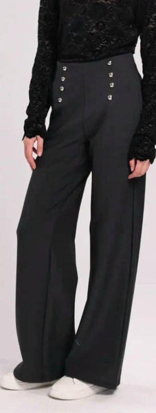 Silver Button Wide Leg Scuba Cotton Bi Stretch Trousers