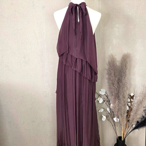 Silk blend sleeveless dress with tie high neckline and ruffles (S-M)