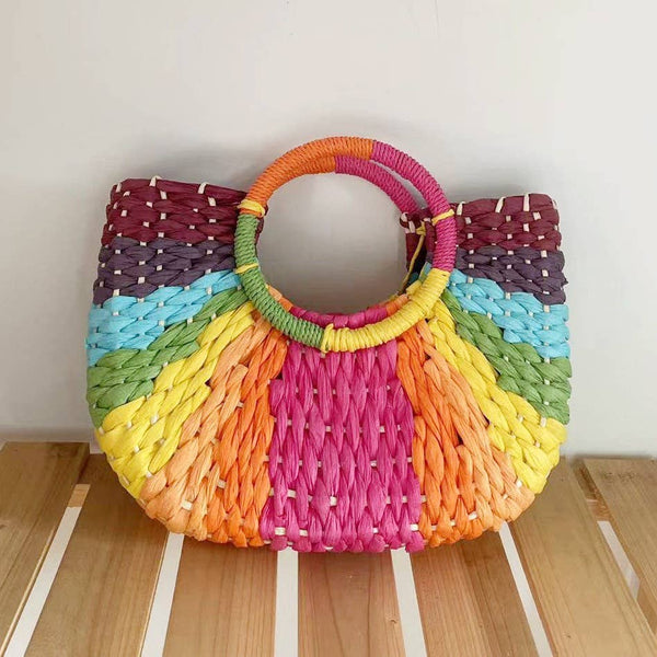 Rainbow Raffia Handbag with Circular Handles