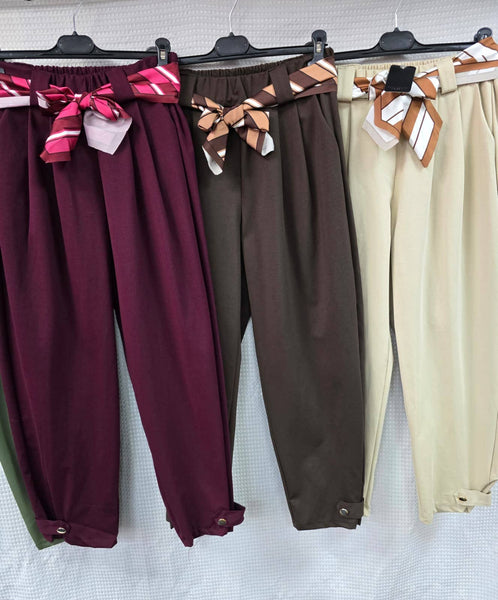 Gold Button Carrot Cotton Belt Trousers