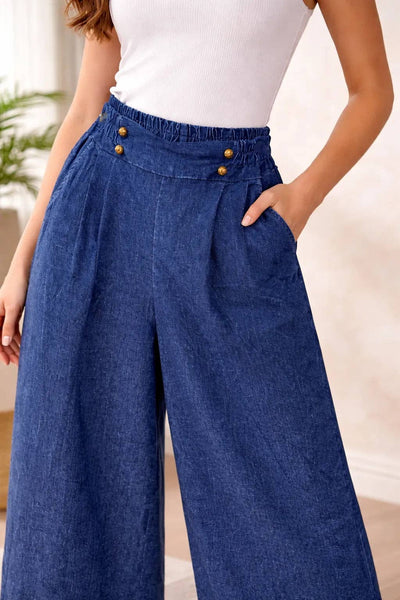 Italian Womens High-Waist Denim Culottes with Button Detail and Elasticated Back