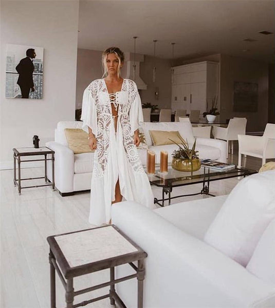 White Lace Crochet Beach Cover-Up Kimono