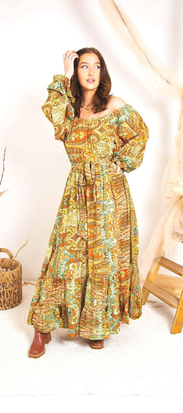 Rustic Print Boho Maxi Dress | Tiered Long Sleeve
