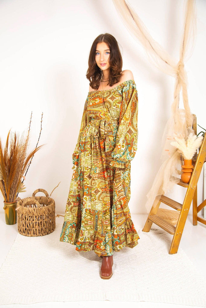 Rustic Print Boho Maxi Dress | Tiered Long Sleeve