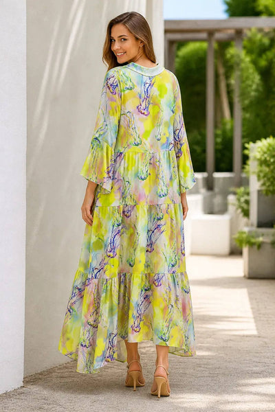 Italian Womens Tiered Maxi Dress – Watercolour Print V Neck Summer Dress UK 8–18