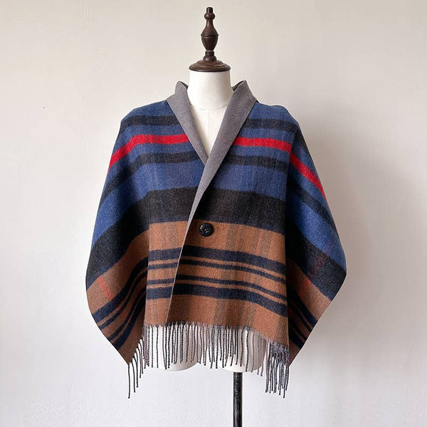 Light  Plaid Fringe Poncho Cape Wrap