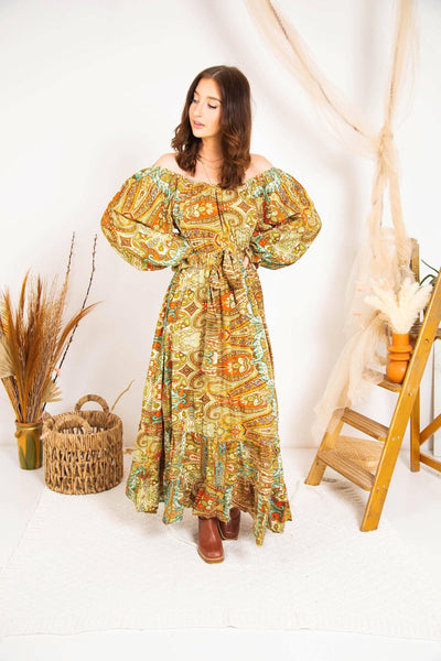 Rustic Print Boho Maxi Dress | Tiered Long Sleeve