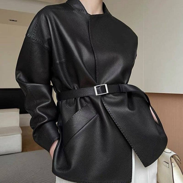 Black Chic Belted Faux Buttonless Leather Kimono Jacket