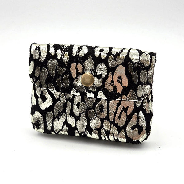 Mini animal print foil suede coin and card purse with zip