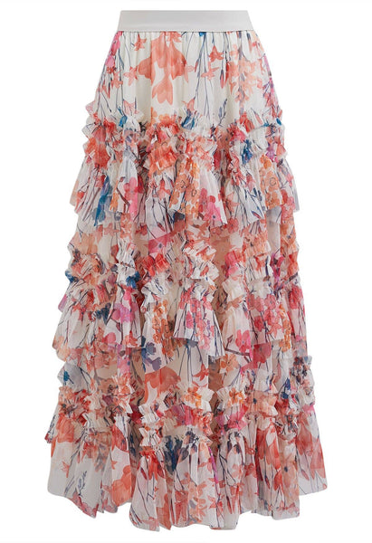 Ruffle Midi Skirt with Floral Print