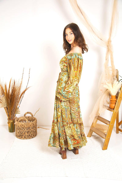 Rustic Print Boho Maxi Dress | Tiered Long Sleeve