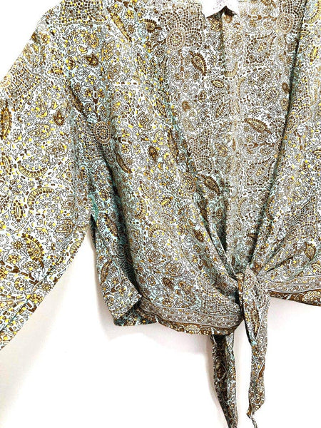 70s Silk Bell Sleeve Wrap Top | Boho Festival Crop Blouse