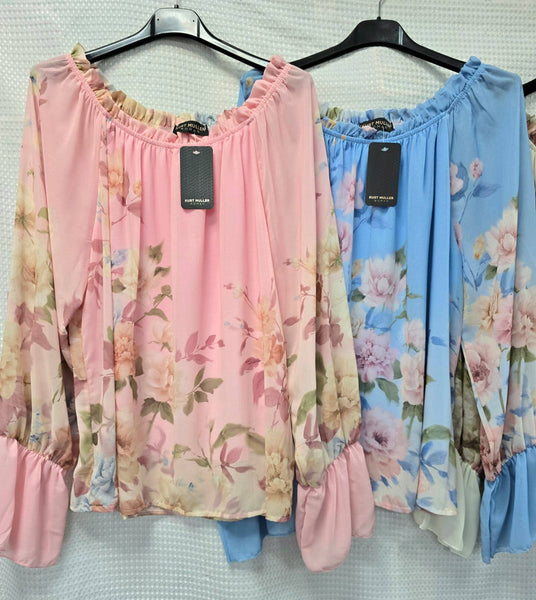 Bardot Floral Panel Cuff blouse