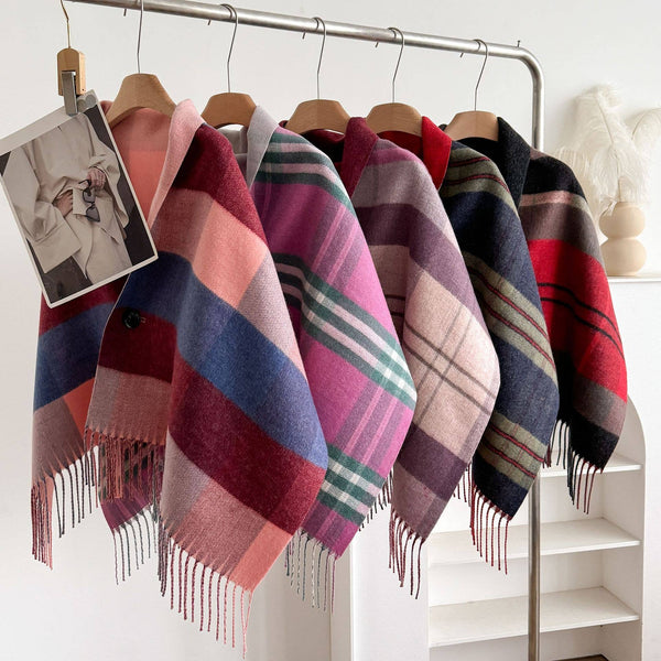Light  Plaid Fringe Poncho Cape Wrap