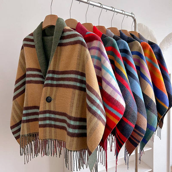 Light  Plaid Fringe Poncho Cape Wrap