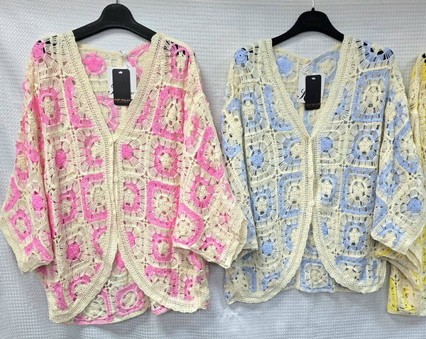 Contrast Crochet Cotton Curved Hem Cardigan