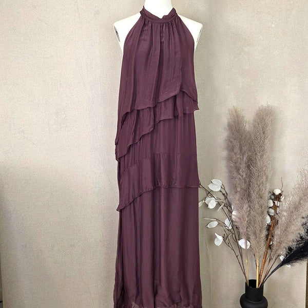 Silk blend sleeveless dress with tie high neckline and ruffles (S-M)