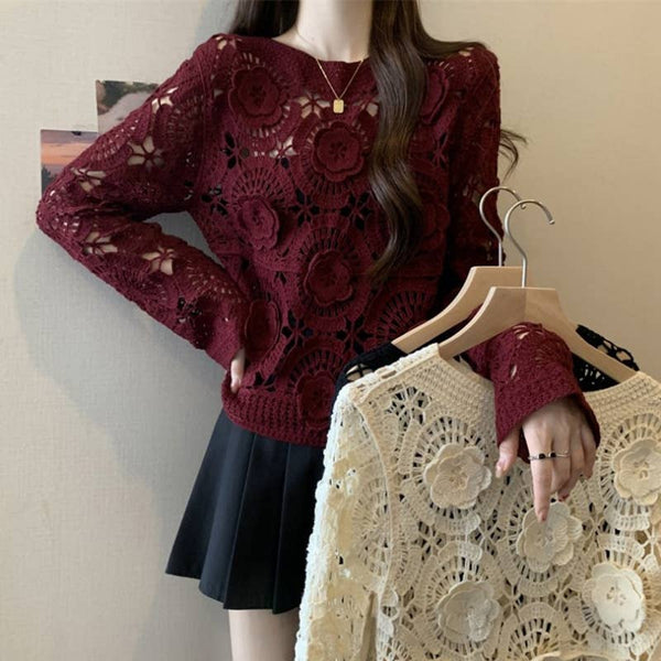 3D Rosette Detail Long Sleeve Knit Lace Top