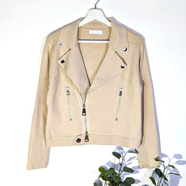Luxe biker style fine knitted jacket with shiny silver hardware