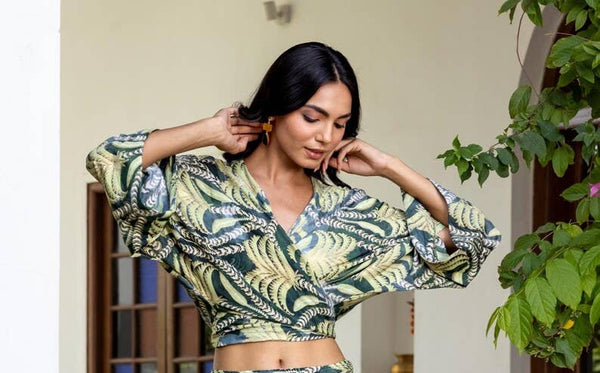 Green Palm Print Boho Wrap Top | Bell Sleeve Blouse