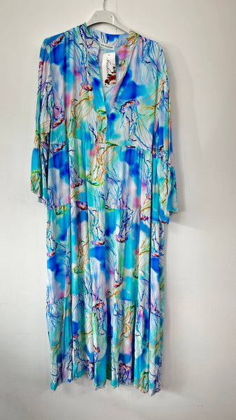 Italian Womens Tiered Maxi Dress – Watercolour Print V Neck Summer Dress UK 8–18