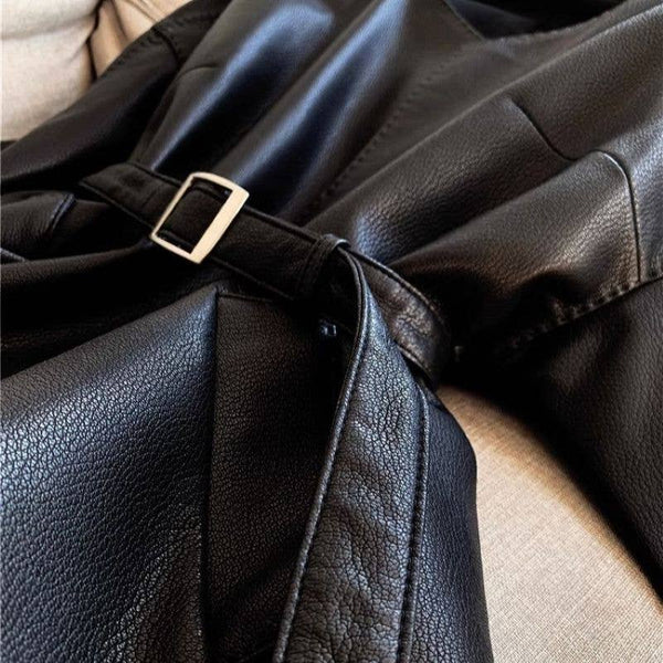Black Chic Belted Faux Buttonless Leather Kimono Jacket