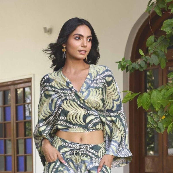 Green Palm Print Boho Wrap Top | Bell Sleeve Blouse