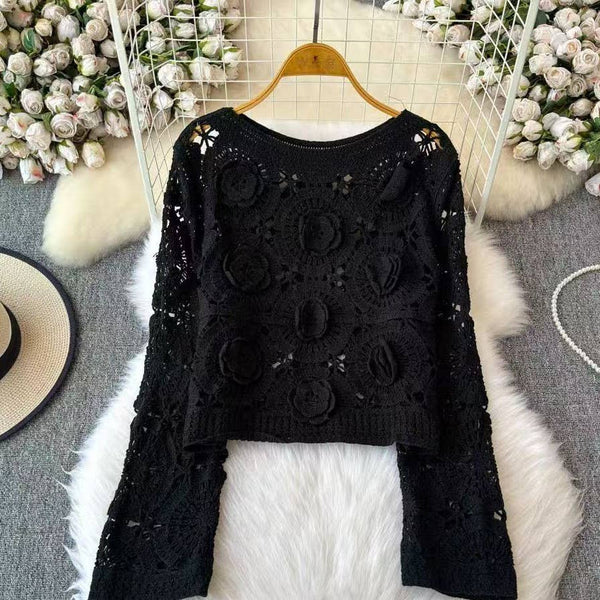 3D Rosette Detail Long Sleeve Knit Lace Top