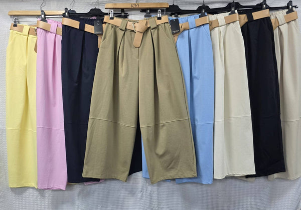 Cotton Barrel Leg Belted Trousers