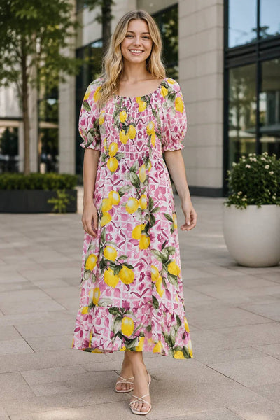 Italian Womens Lemon Print Shirred Midi Dress –  Summer Dress