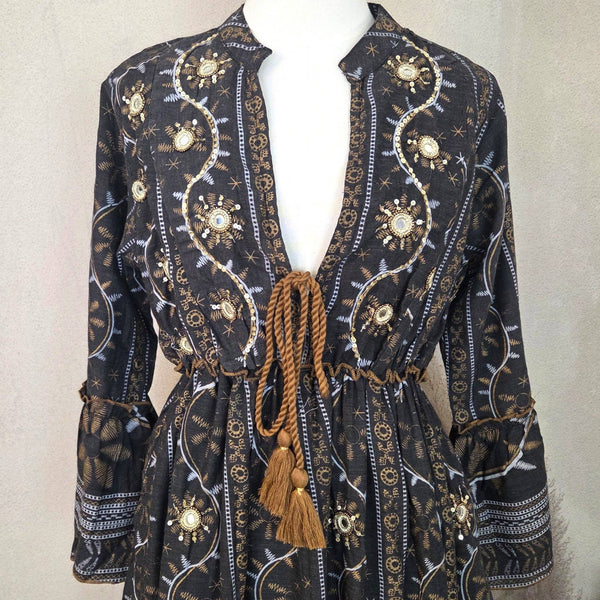Long boho dress with sleeves, tie, Indian style print and sequin detail