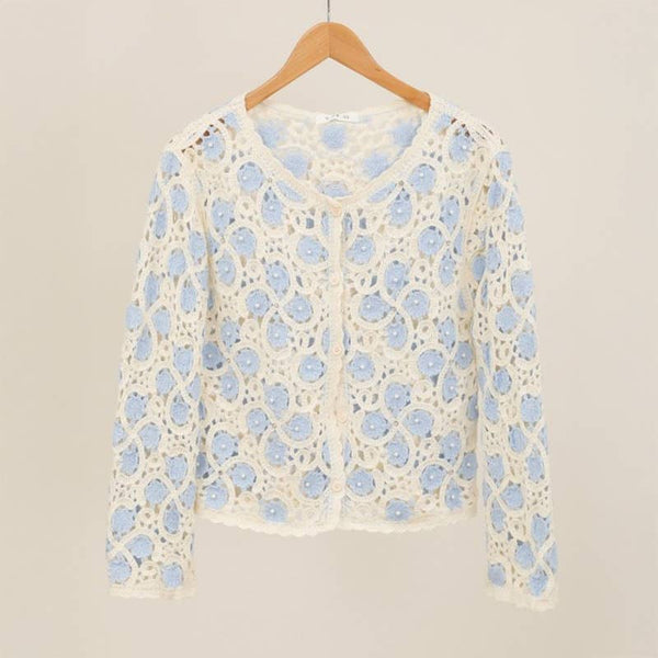 Floral Crochet Cardigan with Pearl Accents