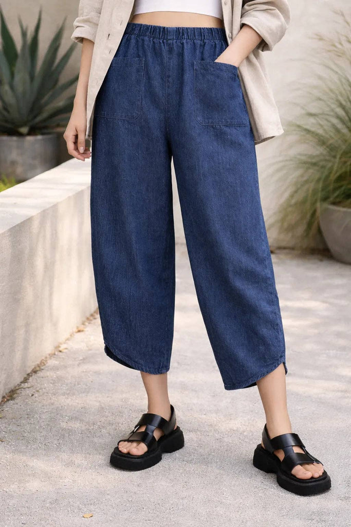 Italian Womens Elasticated Waist Oversized Tapered Denim Trousers