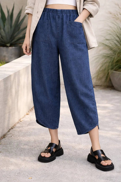 Italian Womens Elasticated Waist Oversized Tapered Denim Trousers