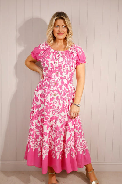 Mono Print Puff Sleeve Shirred Maxi Dress