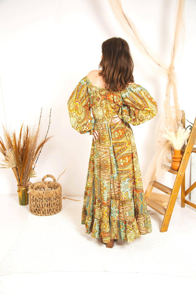 Rustic Print Boho Maxi Dress | Tiered Long Sleeve