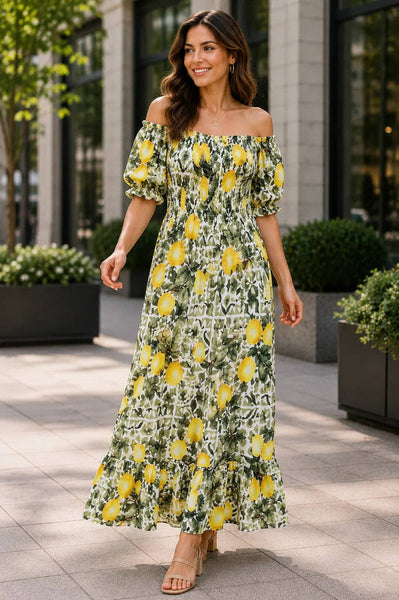 Italian Womens Lemon Print Shirred Midi Dress –  Summer Dress