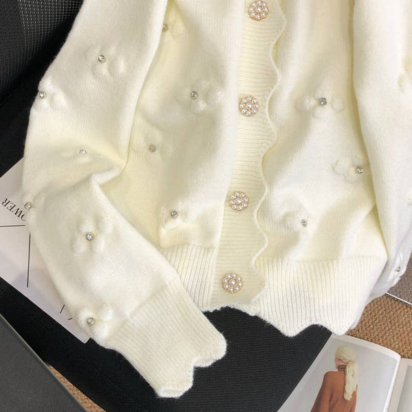 Scalloped Knit Cardigan with Pearl Floral Details