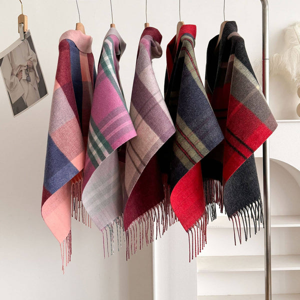 Light  Plaid Fringe Poncho Cape Wrap