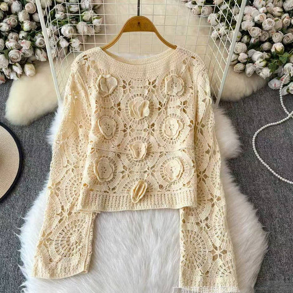 3D Rosette Detail Long Sleeve Knit Lace Top