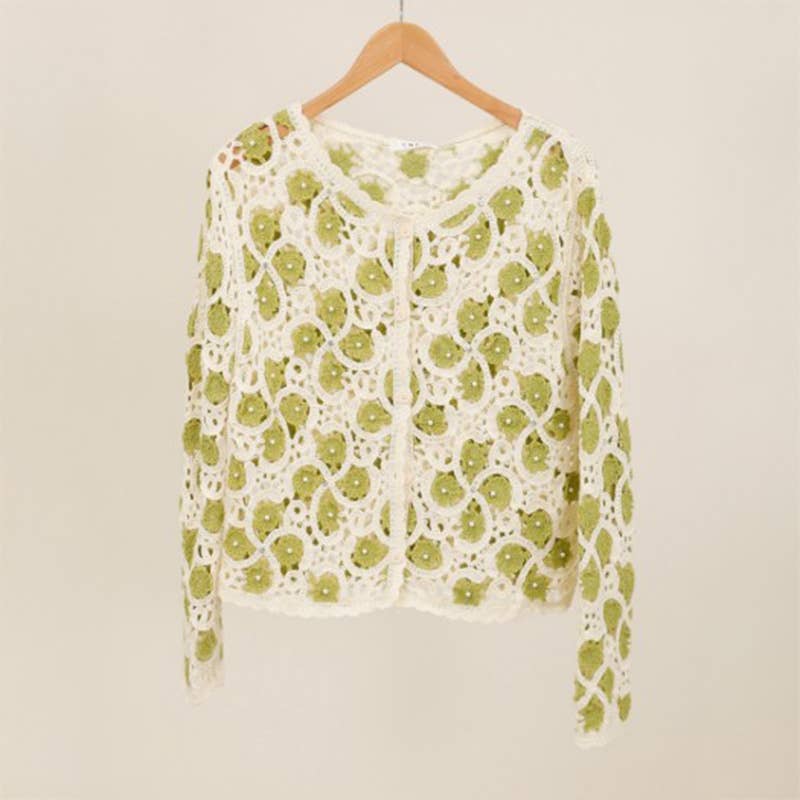 Floral Crochet Cardigan with Pearl Accents