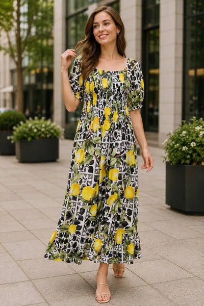 Italian Womens Lemon Print Shirred Midi Dress –  Summer Dress