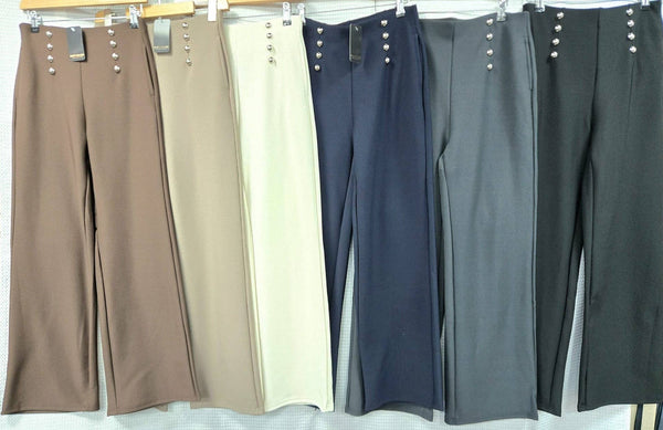 Silver Button Wide Leg Scuba Cotton Bi Stretch Trousers