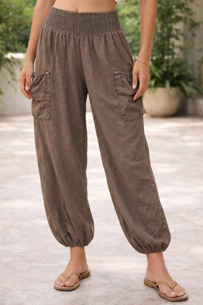 Italian Shirred Elasticated Waist Front Pocket Cuffed Ankle Trousers