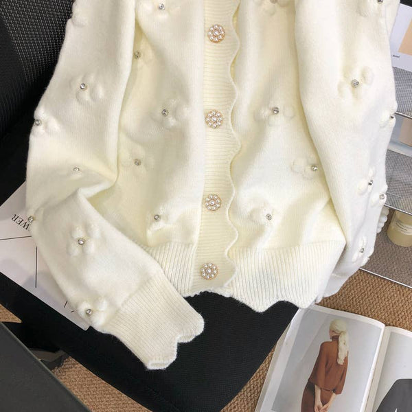 Scalloped Knit Cardigan with Pearl Floral Details